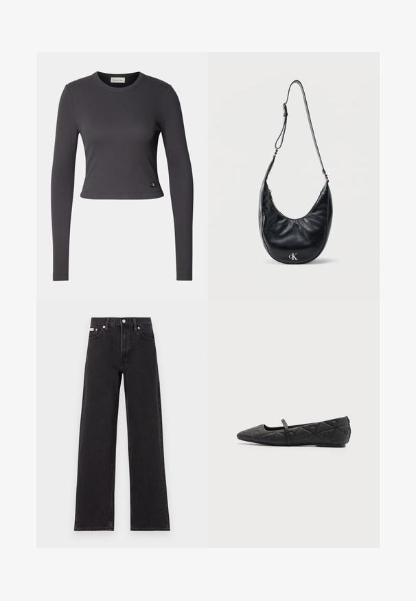 Langærmet, cropped top i mørkegrå ribbet stof med en rund halsudskæring og et lille logo patch nederst. Glat tekstur, tætsiddende design.; Sorte vidde jeans lavet af denim, med høj talje, fem-lomme stil og en metalknap lukning med kontrasterende syninger.; Sort flad sko med spids tå, quiltede geometriske mønstre og en tynd rem over vristen på en ensfarvet baggrund.; Sort halvmåneformet skuldertaske i læder med justerbar rem og sølvfarvet "cK"-logo foran, mod en ensartet hvid baggrund.