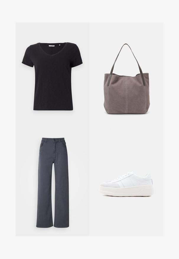 Schwarzes T-Shirt mit kurzen Ärmeln und V-Ausschnitt. Hergestellt aus weichem, atmungsaktivem Material mit glatter Textur und ohne auffällige Muster.; Dunkelgraue gerade geschnittene Hose mit Fronttaschen, Gürtelschlaufen sowie einem Knopf- und Reißverschluss auf einem weißen Hintergrund.; Weißer Sneaker mit niedrigem Schaft, Schnürverschluss, dicker Plateausohle und Wildlederakzent an der Zehenpartie, seitlich auf schlichtem Hintergrund dargestellt.; Graue Wildleder-Tasche mit zwei dunklen Ledergriffen. Verfügt über gestickte Details an den Seiten, eine weiche Textur und eine geräumige Öffnung.