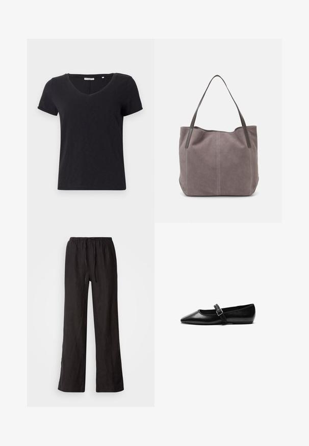 Camiseta negra de manga corta con diseño de escote en V. Hecha de una tela suave y transpirable con una textura lisa y sin patrones prominentes.; Pantalones negros, holgados, con cintura elástica y cordón ajustable. Están hechos de una tela ligera con una textura suave y pierna recta.; Zapato plano negro de cuero con punta afilada, correa ajustable con hebilla de metal, textura suave y diseño minimalista.; Bolso tote de ante gris con dos asas de cuero oscuro. Presenta detalles de costura en los laterales, una textura suave y una abertura espaciosa.