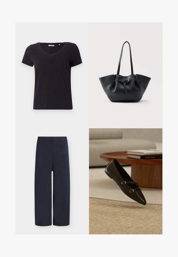 Camiseta negra de manga corta con diseño de escote en V. Hecha de una tela suave y transpirable con una textura lisa y sin patrones prominentes.; Pantalones de pierna ancha color azul marino, con una textura suave y cintura elástica. Presentan un corte holgado y un diseño de pierna recta. Sin detalles adicionales.; Zapato plano negro con puntera puntiaguda y dos delgadas correas con hebillas flotando sobre una alfombra beige, con una mesa de café de madera y libros al fondo.; Bolso tote de cuero negro con asas largas y una correa frontal con una pequeña hebilla dorada, sobre un fondo liso.