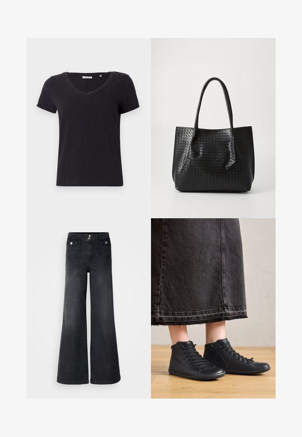 Sort kortærmet t-shirt med V-hals-design. Lavet af blødt, åndbart stof med en glat overflade og uden fremtrædende mønstre.; Sorte denim brede ben jeans med høj talje, forknapper og to forlommer; glat tekstur med en let falmet finish.; Sorte læder høje sko med en glat overflade, der har snørebånd og en sidezipper. Båret med en lang sort denimnederdel.; Sort vævet læder tote bag med to håndtag, struktureret form og subtil glansfinish på en ensfarvet lys baggrund.