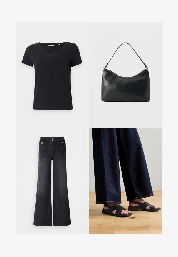 Camiseta negra de manga corta con diseño de escote en V. Hecha de una tela suave y transpirable con una textura lisa y sin patrones prominentes.; Pantalones vaqueros de mezclilla negra de pierna ancha con una cintura alta, botones en la parte frontal y dos bolsillos delanteros; textura suave con un ligero acabado desvanecido.; Sandalias de cuero negro con un diseño entrecruzado, suela plana y hardware minimalista, combinadas con pantalones de mezclilla oscuros de pierna ancha.; Bolso de hombro de cuero negro texturizado con cremallera curva en la parte superior y una sola correa ajustable sobre un fondo liso.
