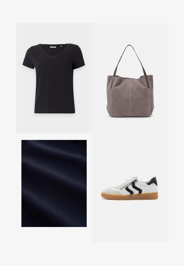 Sort kortærmet t-shirt med V-hals-design. Lavet af blødt, åndbart stof med en glat overflade og uden fremtrædende mønstre.; Mørk navyblåt glat stof med bløde folder og subtil tekstur, der antyder et let og fint materiale.; Hvide sneakers med sorte accenter, der har en tekstureret ruskinds tåhætte, sidelukninger og en gummirübbelsål. Klassisk low-top design.; Grå ruskind tote taske med to mørke læderhåndtag. Har stikninger på siderne, blød tekstur og en rummelig åbning.