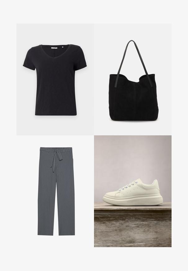 Sort kortærmet t-shirt med V-hals-design. Lavet af blødt, åndbart stof med en glat overflade og uden fremtrædende mønstre.; Grå stribede bukser med elastisk talje, bindebånd og løs pasform. Lavet af et glat stof, de har lodrette striber.; Hvid lædersneakers med rund tå, glat tekstur og kontrasterende snørebånd. Har ventilationshuller og en tyk gummisål for komfort.; Sort ruskinds totemed med to lange, flade læderremme. Har en buet topkant og synlige stikninger langs forsiden. Ingen hardware-dekorationer.
