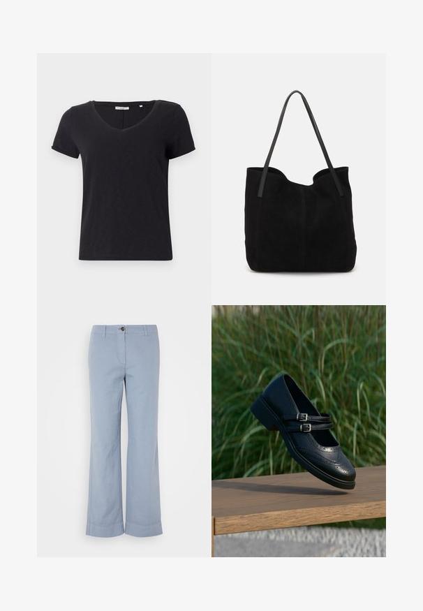 Schwarzes T-Shirt mit kurzen Ärmeln und V-Ausschnitt. Hergestellt aus weichem, atmungsaktivem Material mit glatter Textur und ohne auffällige Muster.; Hellblaue Leinenhose mit geradem Bein, Knopfverschluss und umgeschlagenem Saum. Glatte Textur, entworfen für legere Kleidung.; Schwarzer Mary Jane Lederschuh mit doppelten Schnallenriemen und Brogue-Details, schwebend über einer Holzbank mit grünem Gras im Hintergrund.; Schwarze Wildleder-Umhängetasche mit zwei langen, flachen Ledergriffen. Sie verfügt über eine gewölbte obere Kante und sichtbare Nähte auf der Vorderseite. Keine Hardware-Details.