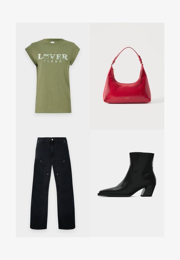 Olijfgroene katoenen t-shirt met korte mouwen, met de tekst "LOVER PINKO" in reflecterende witte letters op de borst.; Zwarte wijde spijkerbroek met hoge taille, voorzien van ingetogen steken, twee voorzakken en metalen hardware accenten.; Zwarte leren enkelboot met een spitse neus, een slanke silhoeet en een chunky vierkante hak. Gladde textuur met minimale stikdetails.; Rode leren schoudertas met gouden rits en verstelbare band, Calvin Klein-logo gecentreerd aan de voorkant.