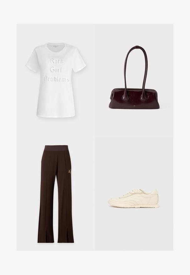T-shirt blanc à manches courtes avec col rond, arborant le texte « Rich Girl Problems » en police décorative composée de petits clous brillants à l'avant.; Pantalon large marron foncé avec taille élastique, coutures sur l'avant, logo sur le côté et fentes à l'avant de l'ourlet.; Baskets basses de couleur crème avec des coutures ondulées, une fermeture à lacets et une semelle crantée, vues de côté sur un fond uni.; Sac à main en cuir brun foncé brillant avec de longues anses fines et une base rectangulaire structurée sur un fond clair uni.