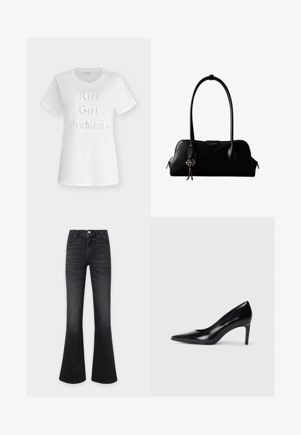 T-shirt blanc à manches courtes avec col rond, arborant le texte « Rich Girl Problems » en police décorative composée de petits clous brillants à l'avant.; Jean en denim noir taille haute avec jambes évasées, fermeture avant par bouton et zip, et style cinq poches.; Chaussure à talon haut en cuir noir avec un bout pointu, texture lisse et un talon effilé. Design minimaliste, sans embellissements supplémentaires.; Sac à main en cuir noir Calvin Klein avec de longues anses, une étiquette logo à l'avant et un charme géométrique argenté suspendu à une anse.