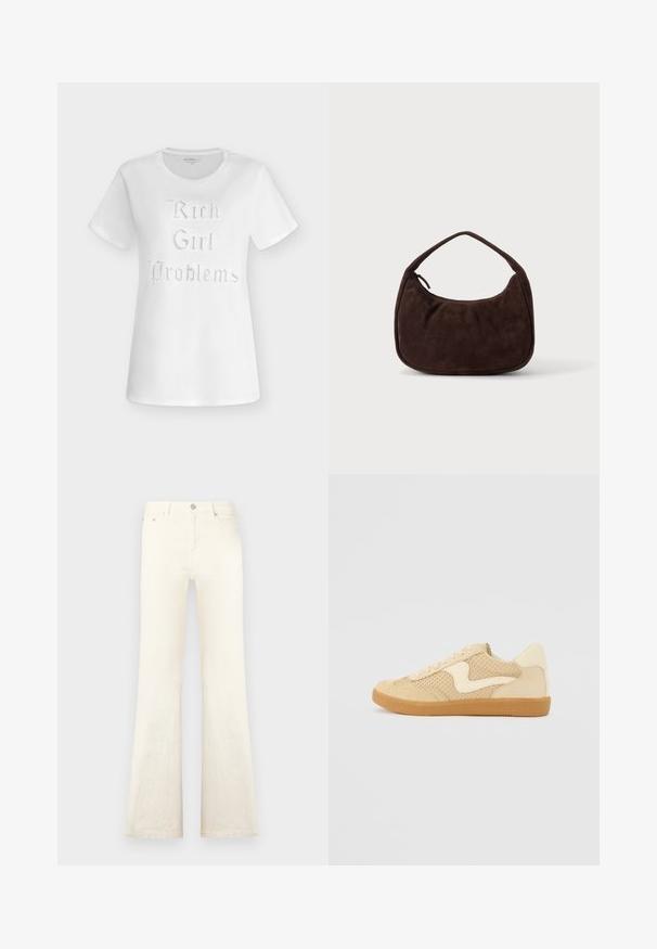 T-shirt blanc à manches courtes avec col rond, arborant le texte « Rich Girl Problems » en police décorative composée de petits clous brillants à l'avant.; Jean en denim blanc évasé avec taille haute, doté de poches avant et d'une fermeture à bouton, texture lisse et détails de couture soignés.; Sneaker beige avec des matériaux en daim et en maille, forme arrondie, col rembourré proéminent et semelle en caoutchouc gomme. Présente un accent de design en forme de vague.; Sac à main en daim marron foncé avec une courte sangle et une forme rectangulaire arrondie sur un fond uni clair.