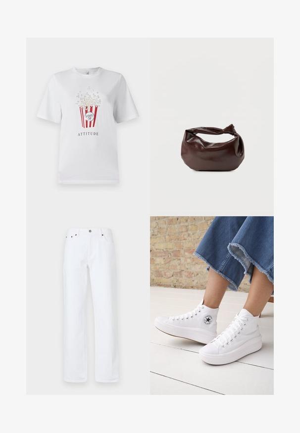 Λευκό T-shirt με σχέδιο από ποπ κορν σε κόκκινο και μαργαριταρένια λεπτομέρεια, με το κείμενο "ΤΙΜΗ" από κάτω. Βραχίονες κοντοί και κλασική γραμμή.; Λευκά τζιν παντελόνια σε χαλαρή γραμμή με ίσια πόδια, πεντάτσεπη σχεδίαση, μπροστινό κλείσιμο με κουμπί και τελάρια σε χρώμα χαλκού.; Άτομο φοράει λευκά ψηλά Converse παπούτσια με χοντρές σόλες και κατεστραμμένο τελείωμα στα κοντά μπλε τζιν, μπροστά από έναν τοίχο από τούβλα και λευκό δάπεδο.; Σκούρα καφέ δερμάτινη τσάντα ώμου με μαλακό, χαλαρό σχήμα και λαβή με στριμμένο κόμπο σε απλό λευκό φόντο.