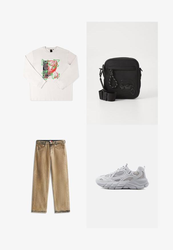 T-shirt à manches longues blanc avec un imprimé graphique aux accents rouges et verts, un design abstrait et un fond noir motif.; Jean en denim marron clair à jambes droites avec un design classique à cinq poches, passants pour ceinture et fermeture par bouton à la taille.; Baskets blanches épaisses avec panneaux en mesh et en daim, inscription "ICEBERG" sur le côté, semelle épaisse texturée, et languette au talon.; Sac en bandoulière noir en matériau texturé, doté d'une poche avant et d'un design en relief d'un visage portant des lunettes de soleil. Sangle réglable incluse.