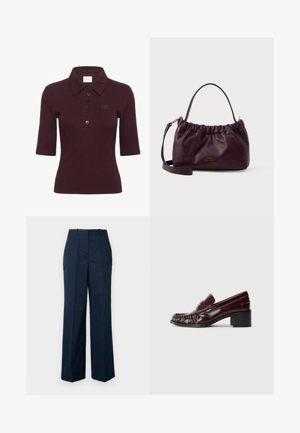 Gestuz DREW - Polo - aronia; Pantalones azul marino confeccionados a medida con corte de pierna recta, presentan un pliegue frontal, bolsillos laterales y un tejido suave de mezcla de algodón.; Mocasín de cuero burdeos con punta redondeada, textura recogida en la parte delantera y un pequeño tacón cuadrado negro. Detalle en dorado en el empeine.; Bolso de cuero burdeos con diseño fruncido, acabados en dorado y correa desmontable; presenta un detalle con el logotipo en la parte frontal.