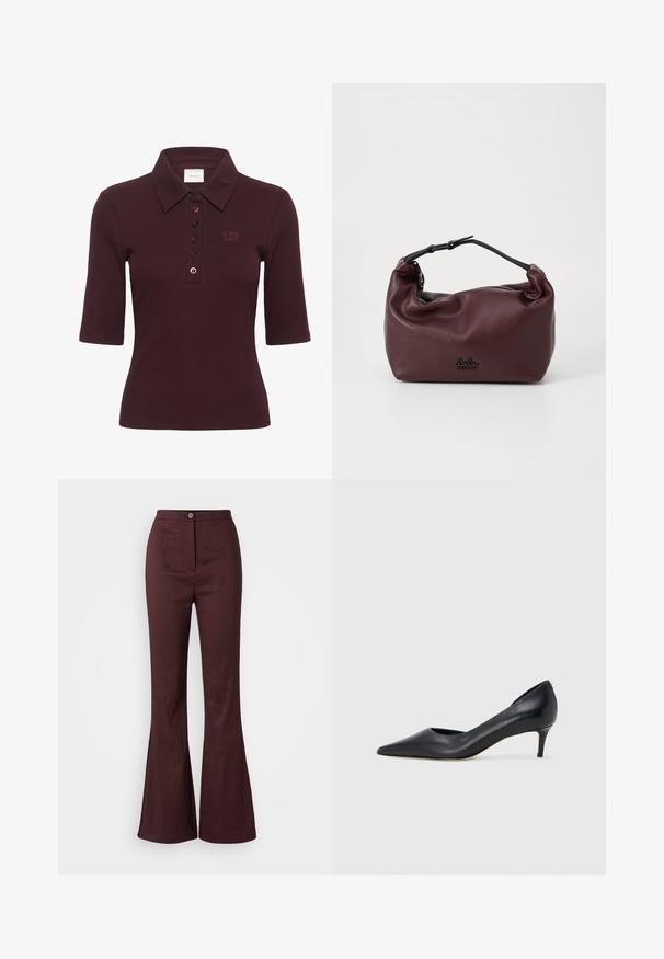 Gestuz DREW - Polo - aronia; Pantalones acampanados burdeos con una textura suave, cinturilla alta y un cierre de botón único, diseñados para una silueta ajustada.; Zapato de tacón bajo de cuero negro con punta puntiaguda. Presenta una textura lisa y un brillo sutil. Corte abierto en la parte frontal para un detalle adicional.; Bolso de cuero burdeos con una textura suave y arrugada, una correa negra ajustable y un cierre de cremallera. Presenta un logo sutil en la parte inferior.