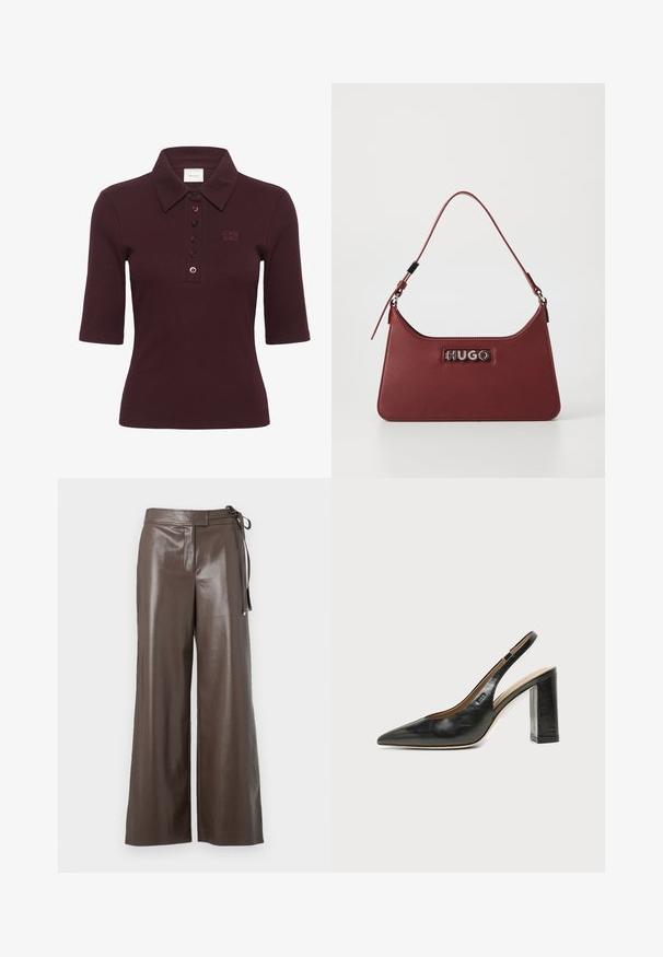 Gestuz DREW - Poloshirt - aronia; Bordeaux faux leren wijdere schoenen met hoge taille en zijstrikdetail op een witte achtergrond.; Zwarte leren slingback schoen met spits toelopend neusje, hoge blokhak en beige binnenvoering tegen een effen lichte achtergrond.; Kleine rechthoekige bordeauxrode leren handtas met een verstelbare schouderband en een zilveren "HUGO" logo plaatje aan de voorkant.