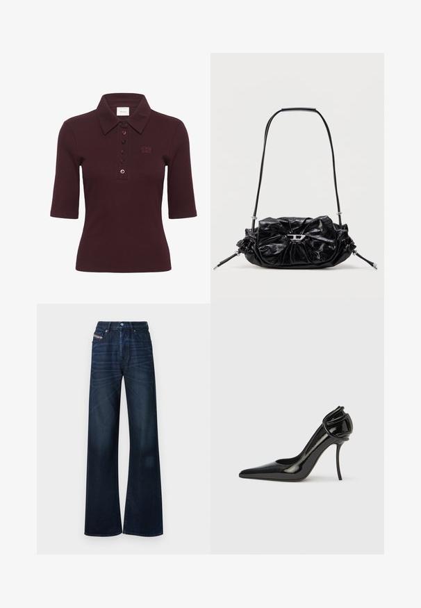 Gestuz DREW - Polo - aronia; Vaqueros de pierna ancha en color azul oscuro hechos de mezclilla. Presentan un cierre de botón, diseño de cinco bolsillos y un sutil desvanecimiento en la parte frontal.; Zapato de tacón alto de charol negro con punta afilada y parte trasera abierta. Presenta un detalle curvo único en el talón. Acabado elegante y brillante.; Bolso de mano de cuero negro con diseño fruncido y detalle de lazo en la parte frontal. Cuenta con un asa corta y detalles metálicos en color plata.