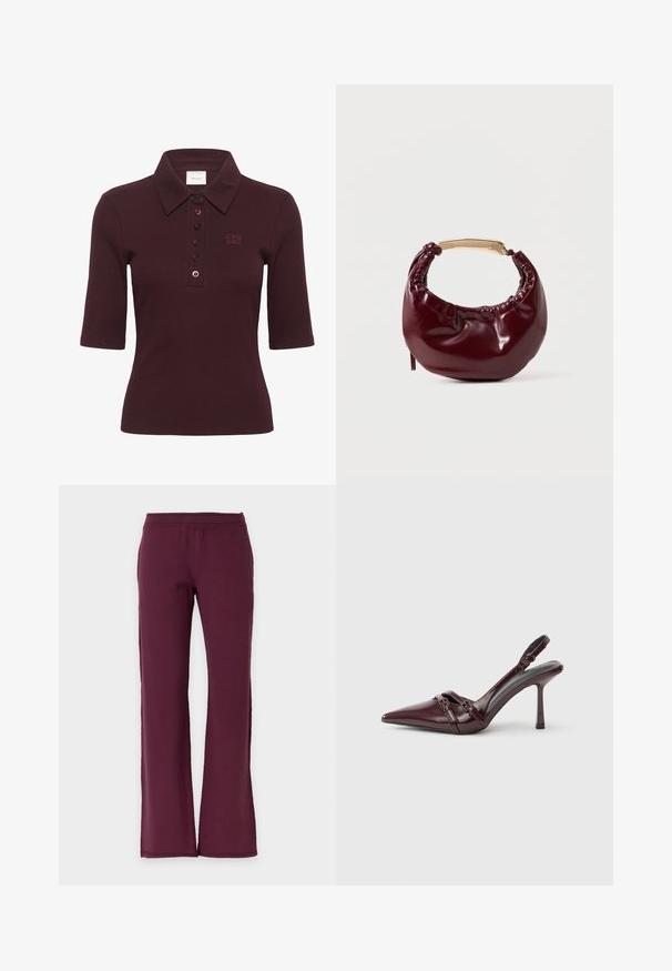 Gestuz DREW - Polo - aronia; Pantalones de pierna recta en color burdeos oscuro liso con cintura elástica, hechos de tela suave.; Zapato de tacón slingback de charol burdeos con puntera puntiaguda, fina correa en el tobillo y pequeño detalle decorativo de hebilla. Textura suave y tacón alto.; Bolso de mano de piel sintética burdeos con forma redondeada, detalles fruncidos y un asa de metal dorado. Textura suave y acabado brillante.