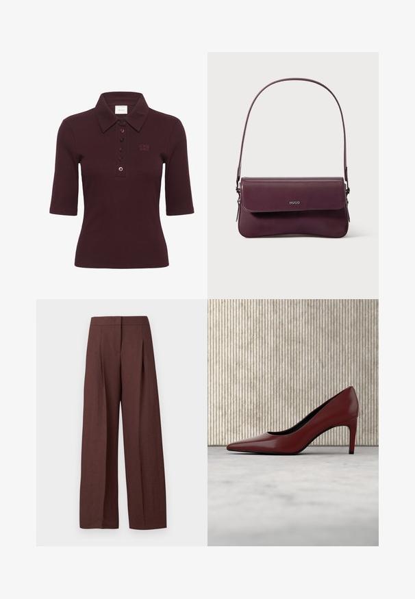 Gestuz DREW - Poloshirt - aronia; Bruine broek met hoge taille en wijde pijpen, voorzien van plooien aan de voorkant en een verborgen sluiting, weergegeven op een effen witte achtergrond.; Enkels donkerrode hoge hak met puntige neus geplaatst op een reflecterende lichtgekleurde vloer naast een metalen ordnerhouder.; Bordeauxrode leren handtas met een gestructureerd ontwerp, voorzien van een klepsluiting en een verstelbare riem. Logo detail geperst aan de voorkant.