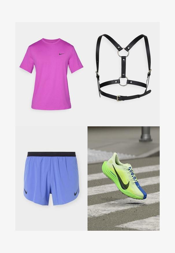 Lila Kurzarm-T-Shirt aus einem glatten Stoff, mit einem schwarzen Nike-Logo auf der linken Brustseite. Klassischer Rundhalsausschnitt.; Hellblaue Sportshorts mit schwarzem Bund und schwarzen Nike Swoosh-Logos auf beiden Seiten, präsentiert vor einem schlichten Hintergrund.; Neon-grüner und blauer Laufschuh mit schwarzem Swoosh, in der Luft schwebend über einem Zebrastreifen auf einer Asphaltstraße.; Schwarzes Leder-Harness mit verstellbaren Riemen, ausgestattet mit silbernen Metallringen und Nieten. Das Design umfasst einen zentralen Ring und einen Schnallenverschluss.