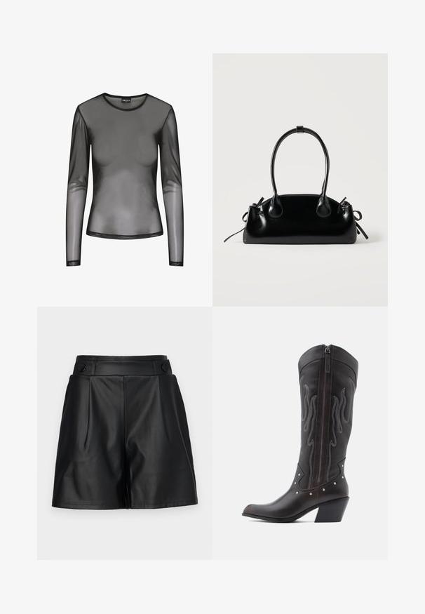 Top negro de manga larga de malla con escote redondo, con tela transparente y forma ajustada. Los bordes están acabados con costuras negras.; Shorts de piel sintética negra con frente plisado, piernas anchas y detalles de botón en la cintura. Textura suave, diseño ajustado.; Botas de cowboy de cuero marrón con costuras en forma de llama, cremallera lateral, tachuelas plateadas, punta puntiaguda y tacón apilado.; Pequeño bolso negro brillante con dos asas largas y detalles de cordón lateral sobre un fondo claro liso.