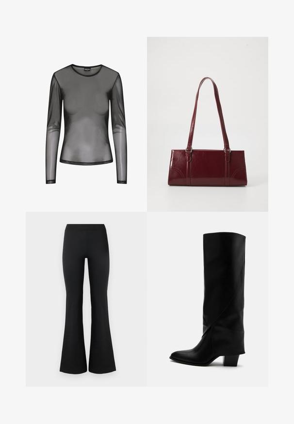 Haut long noir à manches longues en maille avec un col rond, présentant un tissu transparent et une coupe ajustée. Les bords sont finis avec des surpiqûres noires.; Pantalons évasés noirs en tissu lisse et extensible. Dotés d'une taille haute et de bords évasés pour un look ajusté. Design simple.; Botte haute en cuir noir avec couture inclinée, bout pointu et talon épais de taille moyenne sur fond blanc.; Sac à main bordeaux en matériau brillant, de forme rectangulaire, avec deux anses et des accents légèrement courbés à l'avant.