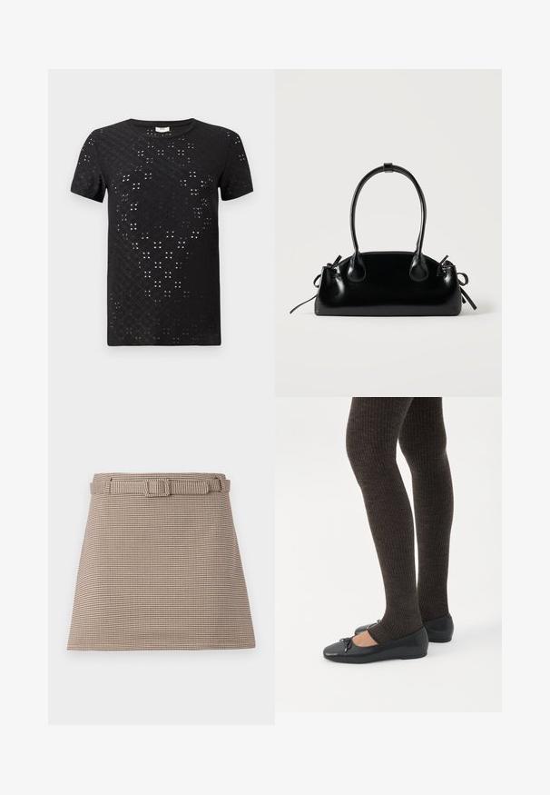 T-shirt noir à manches courtes avec un motif texturé de découpes et un col rond. Fabriqué en tissu léger avec une coupe décontractée.; Shorts à motif pied-de-coq marron et beige avec une taille ceinturée, des lignes épurées, une structure ajustée et une texture de tissu lisse.; Jambes portant des leggings côtelés foncés associés à des ballerines noires avec de petits détails en nœud sur fond blanc.; Petit sac à main noir brillant avec deux longues anses et des détails à cordon sur les côtés sur un fond clair uni.
