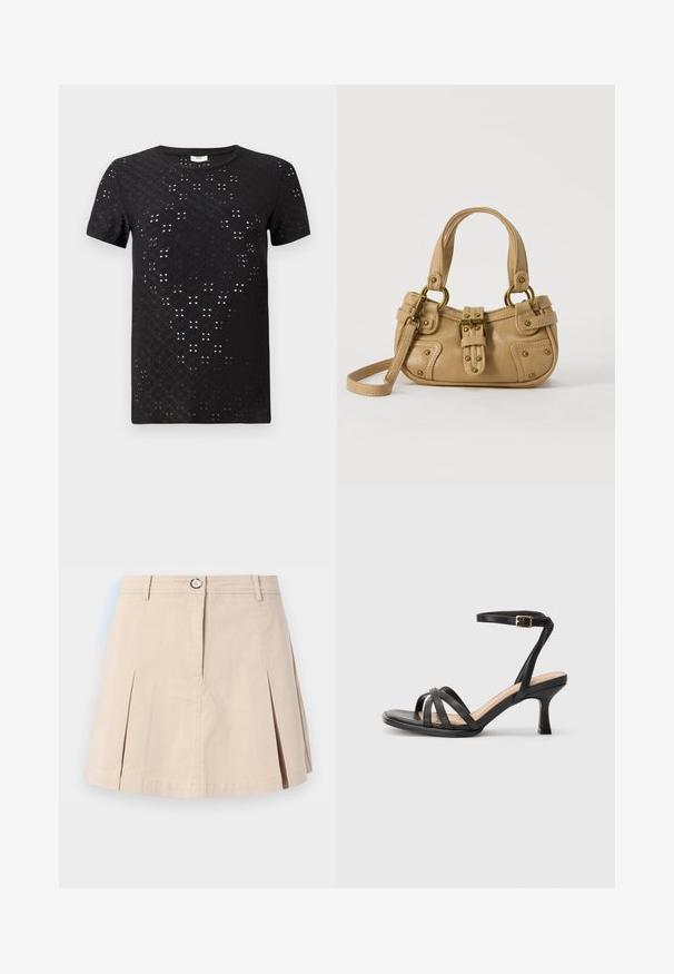 T-shirt noir à manches courtes avec un motif texturé de découpes et un col rond. Fabriqué en tissu léger avec une coupe décontractée.; Jupe courte beige avec plis devant, fermeture à bouton et fermeture éclair, passants de ceinture, présentée sur un fond clair uni.; Sandales à talons noirs avec plusieurs fines lanières sur le bout, une seule lanière à la cheville avec une boucle dorée, et un bout carré.; Sac à main en cuir beige avec double poignées, boucle en laiton et détails rivetés, ainsi qu'une bandoulière réglable sur fond blanc.