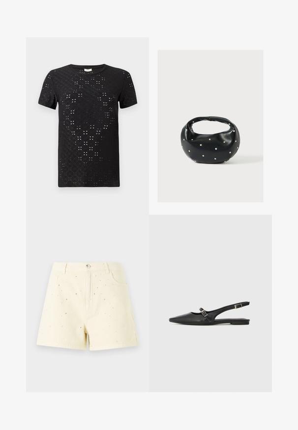 Schwarzes T-Shirt mit kurzen Ärmeln, das ein strukturiertes Muster aus Ausschnitten und ein Rundhalsdesign aufweist. Hergestellt aus leichtem Stoff mit einem lässigen Schnitt.; Gelbe Denim-Shorts mit hoher Taille und lockerer Passform, die vorne mit kleinen silbernen Nieten verziert sind.; Schwarze Slingback-Schuhe aus Leder mit spitzer Zehenpartie, schmalem Riemen und silberner Schnallenverzierung an der Seite. Flache Sohle.; Schwarze Lederhandtasche mit abgerundeter Form, verziert mit silbernen Nietenakzenten und kurzem Griff. Glatte Struktur und Reißverschlussverschluss.