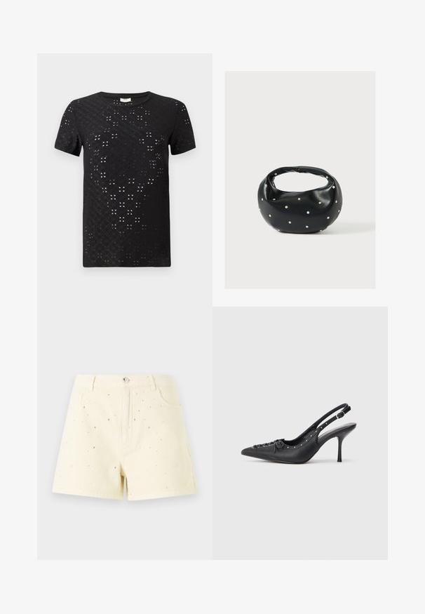 Schwarzes T-Shirt mit kurzen Ärmeln, das ein strukturiertes Muster aus Ausschnitten und ein Rundhalsdesign aufweist. Hergestellt aus leichtem Stoff mit einem lässigen Schnitt.; Gelbe Denim-Shorts mit hoher Taille und lockerer Passform, die vorne mit kleinen silbernen Nieten verziert sind.; Schwarzer Leder-Slingback-Stiletto mit spitzem Zehenaufsatz, seitlichem Schnallenriemen, Nieten entlang der Kante und dekorativer Schnürung vorne.; Schwarze Lederhandtasche mit abgerundeter Form, verziert mit silbernen Nietenakzenten und kurzem Griff. Glatte Struktur und Reißverschlussverschluss.