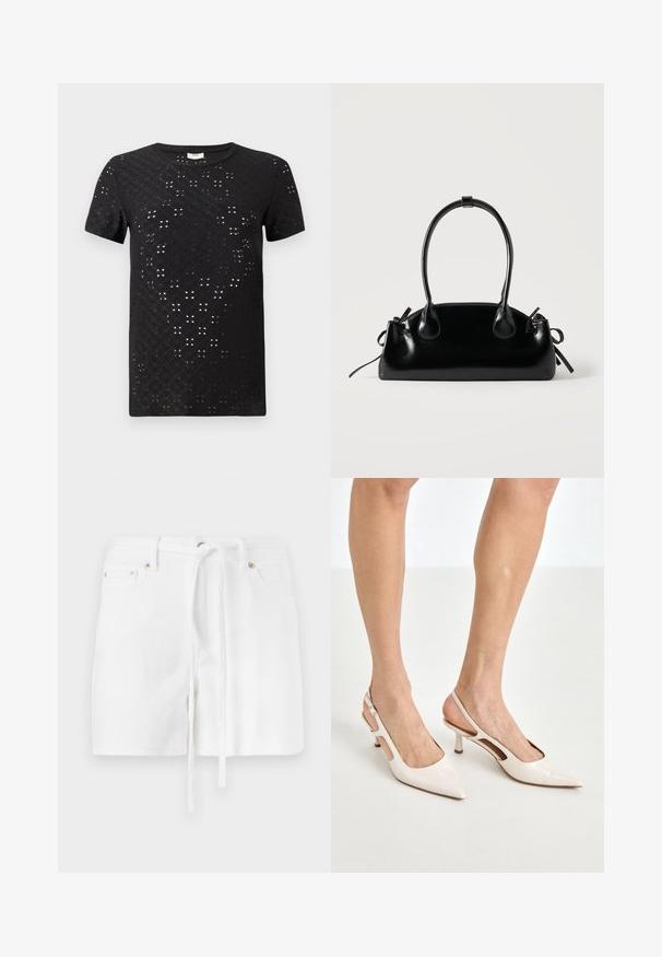 Camiseta de manga corta negra con un patrón texturizado de recortes y un diseño de cuello redondo. Fabricada con una tela ligera y un corte holgado.; Pantalones cortos de denim blanco con cintura ajustable, que cuentan con dos bolsillos frontales y una textura suave. El diseño es simple y clásico, sin patrones.; Tacones slingback de charol beige con punta afilada y un tacón de 5 cm, con lados recortados y una delgada correa en el tobillo.; Pequeño bolso negro brillante con dos asas largas y detalles de cordón lateral sobre un fondo claro liso.