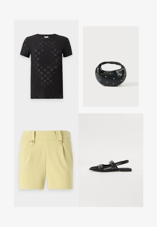 Schwarzes T-Shirt mit kurzen Ärmeln, das ein strukturiertes Muster aus Ausschnitten und ein Rundhalsdesign aufweist. Hergestellt aus leichtem Stoff mit einem lässigen Schnitt.; Helle gelbe Shorts aus glattem Stoff, mit zwei vorderen Falten und goldenen dekorativen Knöpfen am Bund. Maßgeschneiderte Verarbeitung.; Even&Odd by Zalando Sling-Ballerina - black; Schwarze Lederhandtasche mit abgerundeter Form, verziert mit silbernen Nietenakzenten und kurzem Griff. Glatte Struktur und Reißverschlussverschluss.
