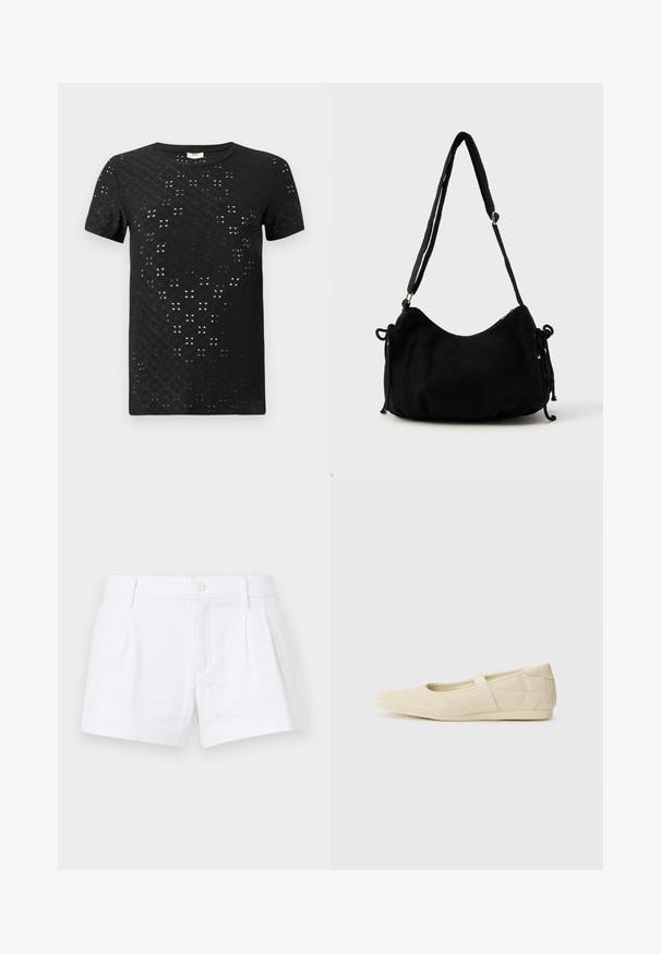 Camiseta de manga corta negra con un patrón texturizado de recortes y un diseño de cuello redondo. Fabricada con una tela ligera y un corte holgado.; Bermudas de lino blancas con pliegues, cierre de botón y bolsillos laterales. Presentan un corte ajustado y una textura suave.; Bailarinas beige con un exterior de cuero liso, punta en forma de almendra y una correa elástica en el empeine, con detalles de costura sutiles.; Bolso de hombro de pana negra con forma curva, correa ajustable y cierres de cordón en ambos lados para ajustar el tamaño.
