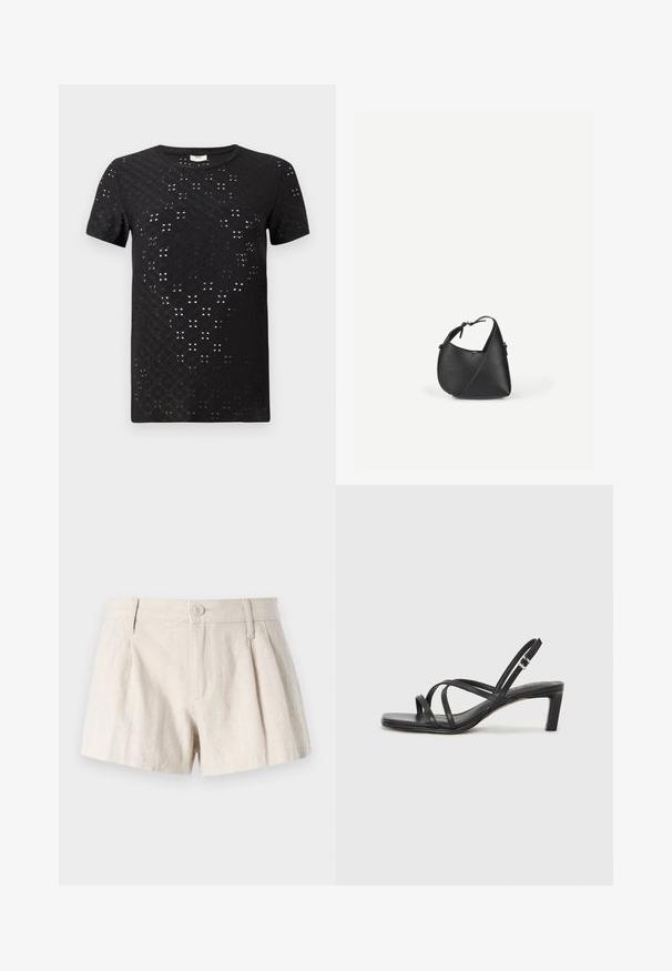 Sort T-shirt med korte ærmer, der har et struktureret mønster af udskæringer og en klassisk rund hals. Fremstillet af letvægtsstof med en afslappet pasform.; Linning shorts i en lys beige farve med plisseret design, frontknaplukning og en glat, struktureret finish.; Sort remsandale med firkantet tå og en lav blokeret hæl. Har flere tynde stropper og en justerbar ankelrem. Fremstillet af glat læder.; Sort skuldertaske i læder med en afrundet trekantet form og justerbar rem på en ensartet lys baggrund.