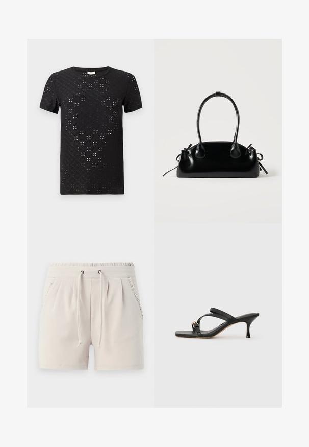 Schwarzes T-Shirt mit kurzen Ärmeln, das ein strukturiertes Muster aus Ausschnitten und ein Rundhalsdesign aufweist. Hergestellt aus leichtem Stoff mit einem lässigen Schnitt.; Helle beige Shorts mit einem elastischen Bund, Kordelzug, Seitentaschen und Rüschendetails entlang der Taschenränder. Weicher Stoff.; Schwarze Sandalen mit Absatz und quadratischer Zehenform, zwei überkreuzten Riemen, goldfarbener Schnallenakzent und einem schmalen hohen Absatz. Weiches Ledertextur.; Kleine schwarze glänzende Handtasche mit zwei langen Griffen und seitlichen Kordelzug-Details vor einfachem hellem Hintergrund.