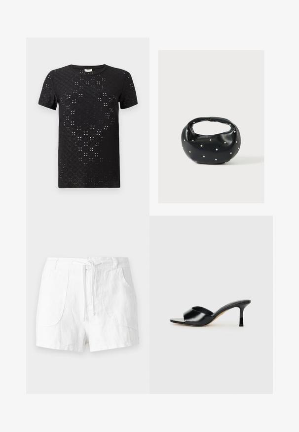 Sort T-shirt med korte ærmer, der har et struktureret mønster af udskæringer og en klassisk rund hals. Fremstillet af letvægtsstof med en afslappet pasform.; Hvide linnedshorts med snøre i taljen, har to forlommer og en glat tekstur. Simpelt design uden pynt.; Sorte læder højhælede mules med open-toe design og en bred, buet overdel. Glat tekstur og slank silhuet.; Sort læderhåndtaske med en rundet form, dekoreret med sølvnitter, og et kort håndtag. Glat tekstur og lynlåslukning.