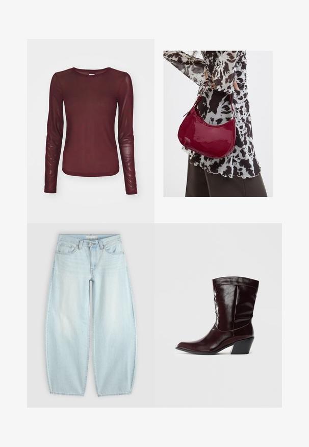 Burgunderfarbenes Langarmoberteil aus transparentem Stoff mit einem subtilen schwarzen Logomuster. Es hat einen runden Halsausschnitt und eine taillierte Silhouette.; Hellblaue Jeans mit weitem Bein, Knopf- und Reißverschluss, Vordertaschen und Gürtelschlaufen auf einfarbigem Hintergrund.; Bordeauxfarbene Leder-Stiefeletten mit spitzem Schnitt, strukturierten Oberflächen und einem schmalen, niedrigen Absatz. Verfügen über dezente Nähte und einen engen Sitz.; Frau trägt eine schwarz-weiß gemusterte Bluse und hält eine glänzende rote Schultertasche vor einem einfarbigen Hintergrund.