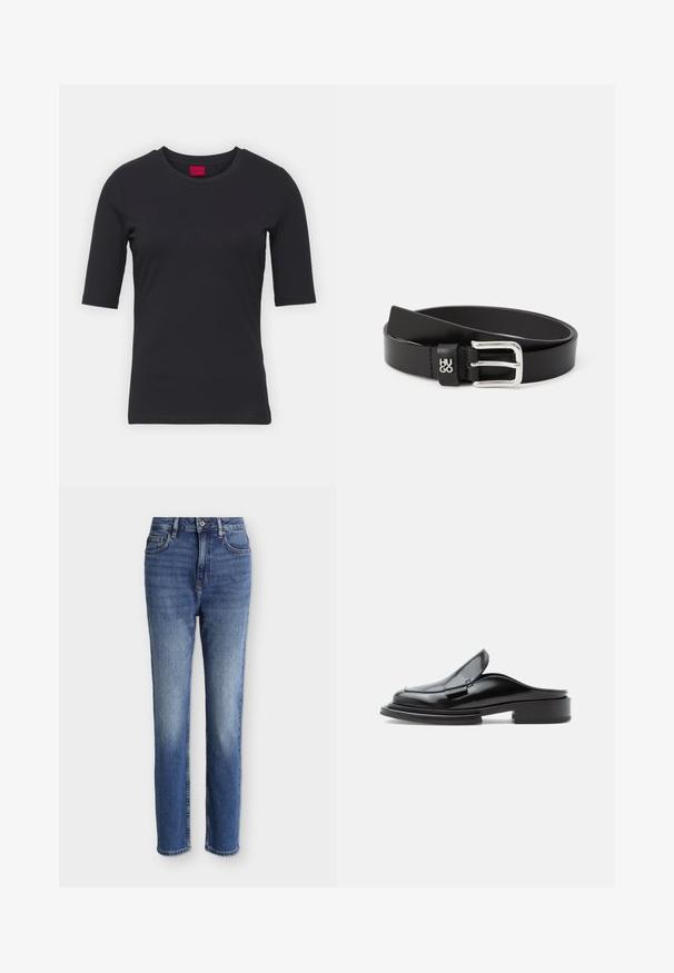 T-shirt noir en coton avec manches courtes, col rond et design minimaliste. Présente une étiquette de marque rouge au niveau du col.; Jean bleu moyen taille haute à coupe droite avec poches avant, passants de ceinture, fermeture par bouton, et détails légèrement délavés sur les cuisses et les genoux.; Mule en cuir noir à enfiler avec un petit talon épais et des détails cousus sur la tige, présenté de profil sur un fond uni.; Ceinturon en cuir noir avec une texture lisse, muni d'une boucle rectangulaire en argent et d'un petit accent de logo. Design classique et minimaliste.