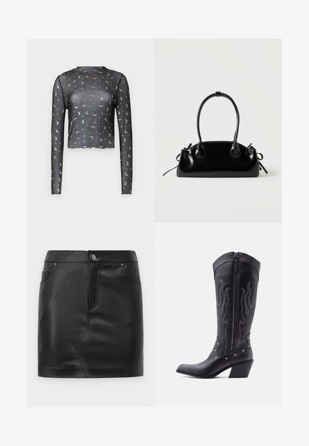 Langarm zwart mesh top met een patroon van gouden halve maan en ster, cropped lengte en gekartelde rand.; Zwarte nepleer mini-rok met een voorknop, ritsluiting, voor- en achterkant zakken, en naaddetail.; Zwarte leren cowboylaarzen met een puntige neus, zichtbare stiksels, zilveren studaccenten en een ritssluiting aan de binnenkant.; Kleine zwarte glanzende handtas met twee lange hengsels en zijkant trekkoord details op een effen lichte achtergrond.