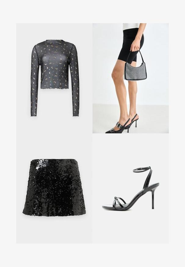 Haut en mesh à manches longues noir avec un motif de croissant de lune et d'étoiles dorées, longueur cropped et détail à bord arrondi.; Mini-jupe noire à sequins avec une coupe ajustée, une texture brillante et une forme trapèze. Surface recouverte de sequins réfléchissants.; Sandale à talon haut en cuir verni noir avec de fines lanières croisées sur les orteils et une sangle à boucle à la cheville sur fond blanc.; Sac à main à perles noires avec une silhouette courbée, une poignée de transport et une texture brillante. Porté avec des chaussures à talons hauts noires et un short noir ajusté.