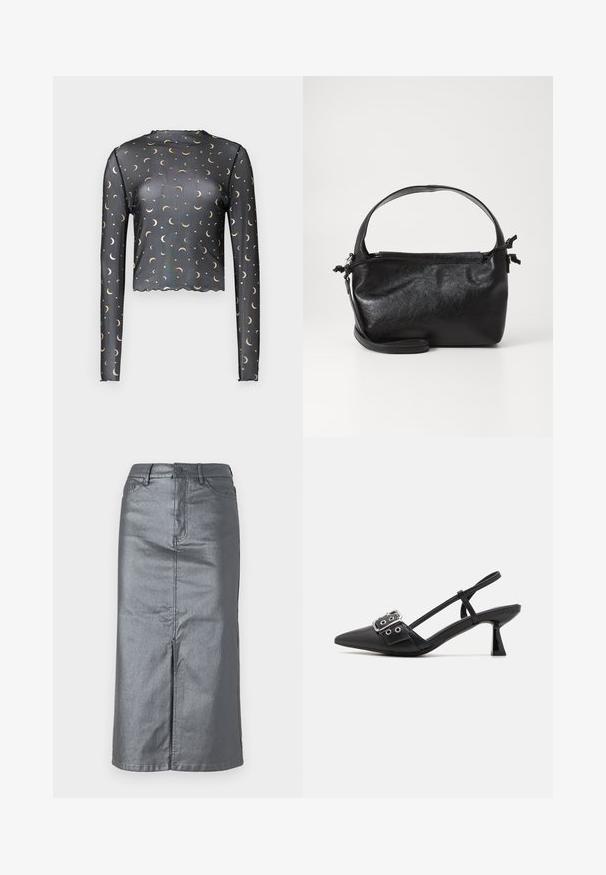 Sort langærmet mesh top med gyldne halvmåne- og stjernemønstre, cropped længde og bølget kantdetalje.; Metalgrå denim-nederdel med en lige form, for-slids, fem-lomme design og knaplukning i taljen. Flade sømme er synlige.; Simmi London DALA - Pumps - black; Sort læderhåndtaske med et struktureret design, rund tophåndtag og aftagelig skulderrem. Den har en glat tekstur og en subtil glans.