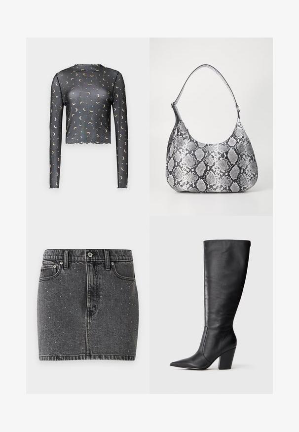 Schwarzes Langarm-Top aus Netzstoff mit goldenen Muster von Mondsichel und Sternen, cropped Länge und welliger Saumdetail.; Dunkelgrau Rock aus Denim mit silbernen Nietenverzierungen. Hat eine taillierte Form, ein klassisches Fünf-Taschen-Design und Gürtelschlaufen.; Schwarze kniehohe Lederstiefel mit spitzem Zehen und klobigem hohen Absatz, von der linken Seitenansicht auf weißem Hintergrund gezeigt.; Schultertasche im schwarz-weißen Schlangenprint mit runder Form, glatter Textur und gebogenem Tragegurt. Mit einem silbernen Hardware-Akzent.