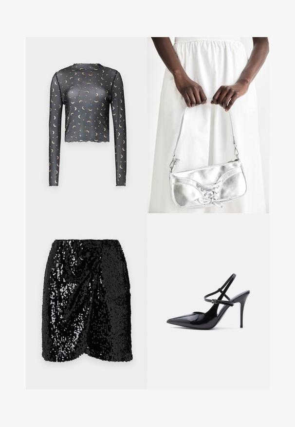 Schwarzes Langarm-Top aus Netzstoff mit goldenen Muster von Mondsichel und Sternen, cropped Länge und welliger Saumdetail.; Schwarzer Pailletten-Minirock mit elastischem Bund. Verfügt über ein drapiertes Design, schimmernde Oberfläche und gewellte Säume für zusätzliche Textur.; Schwarzer spitzer High-Heel-Schuh aus Lackleder mit zwei schmalen verstellbaren Knöchelriemen und Stilettoabsatz, Seitenansicht.; Silberne metallische Handtasche mit Schnürdetail, die ein elegantes Design und einen kurzen Tragegurt aufweist. Die Tasche wird in den Händen gehalten und zeigt ihre Textur.