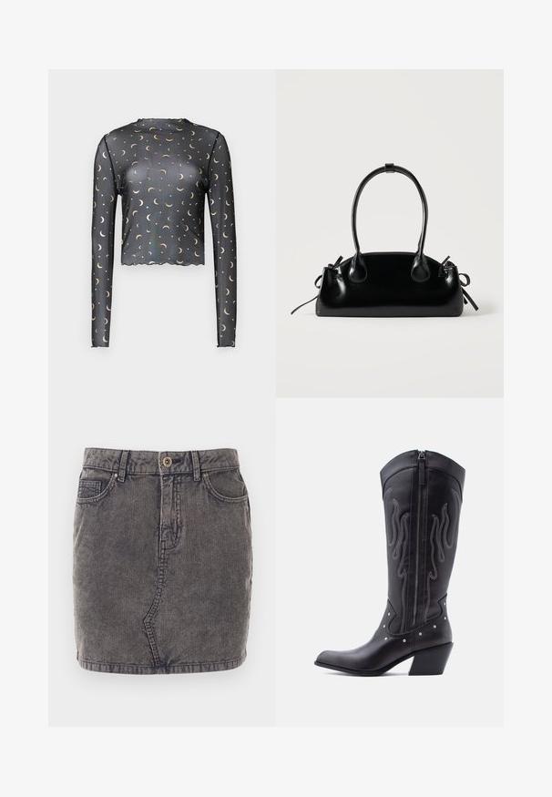 Sort langærmet mesh top med gyldne halvmåne- og stjernemønstre, cropped længde og bølget kantdetalje.; Grå denimnederdel med lodret ribbet tekstur, der har en frontknaplukning, to sidelommer og en lige kant.; Sorte cowboystøvler i læder med spids tå, synlige sømme, sølvfarvede nitte-detaljer og lynlås på den indvendige side.; Lille sort blank håndtaske med to lange håndtag og snøre-detaljer i siden på en ensfarvet lys baggrund.