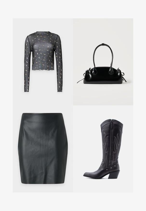 Sort langærmet mesh top med gyldne halvmåne- og stjernemønstre, cropped længde og bølget kantdetalje.; Sort faux læder mini skirt med en glat tekstur, slim fit og lige pasform. Ingen synlig hardware eller udsmykninger.; Sorte cowboystøvler i læder med spids tå, synlige sømme, sølvfarvede nitte-detaljer og lynlås på den indvendige side.; Lille sort blank håndtaske med to lange håndtag og snøre-detaljer i siden på en ensfarvet lys baggrund.