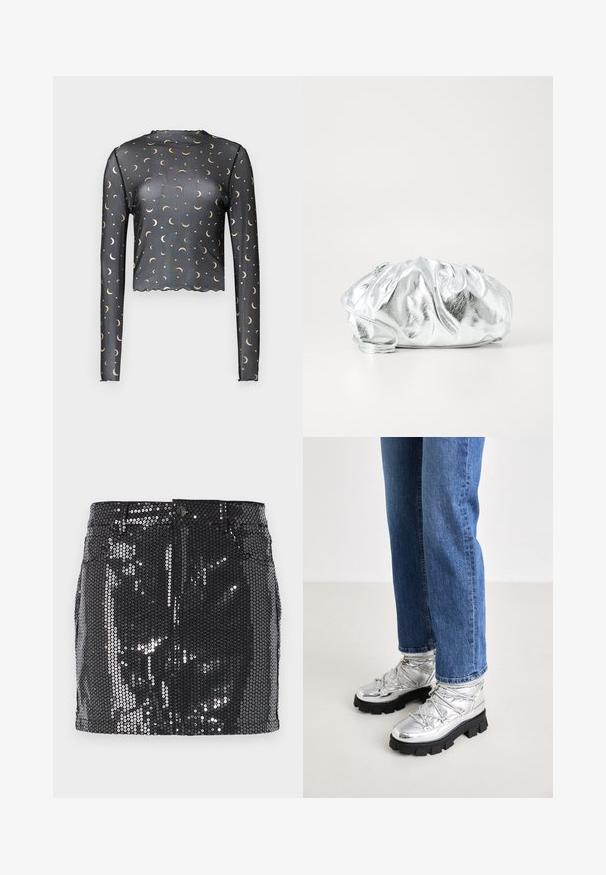 Schwarzes Langarm-Top aus Netzstoff mit goldenen Muster von Mondsichel und Sternen, cropped Länge und welliger Saumdetail.; Schwarzer Pailletten-Minirock mit taillierter Passform, Knopfverschluss und einer glänzenden Oberfläche, die das Licht reflektiert. Gerade Säume und funktionale Taschen.; Metallicsilberne Knöchelstiefel mit einer robusten schwarzen Sohle, ausgestattet mit einem gepolsterten Oberteil und Schnürsenkeln, kombiniert mit blauen geraden Jeans.; Metallisch silberne Clutch-Tasche mit einem weichen, gerafften Körper und einem dünnen Schultergurt. Sie verfügt über eine glatte, glänzende Textur und eine abgerundete Form.
