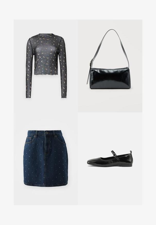 Sort langærmet mesh top med gyldne halvmåne- og stjernemønstre, cropped længde og bølget kantdetalje.; Denim nederdel har en mørkeblå nuance med sølvfarvede nitter jævnt fordelt over stoffet, knaplukning og klassiske lommer.; Sorte patentlæder flade sko med spidse tæer, en ankelrem med spænde og en glat, blank tekstur. Lav hæl for komfort.; Sort rektangulær skuldertaske med en enkelt justerbar rem og lynlås i toppen på en ensfarvet baggrund.