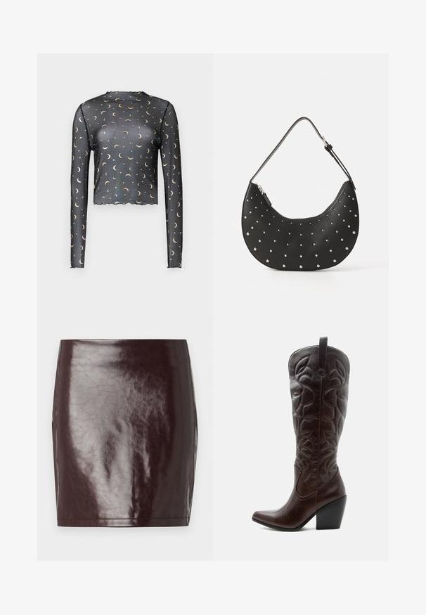 Haut en mesh à manches longues noir avec un motif de croissant de lune et d'étoiles dorées, longueur cropped et détail à bord arrondi.; Mini-jupe en simili cuir bourgogne avec une texture lisse et brillante et une silhouette ajustée. Présente des lignes épurées et un ourlet droit.; Botte de cowboy haute en cuir marron foncé avec motifs décoratifs cousus, bout pointu et talon bloc empilé.; Sac à main en cuir noir avec une forme arrondie, orné de clous en argent, doté d'une fermeture éclair et d'une seule sangle ajustable.