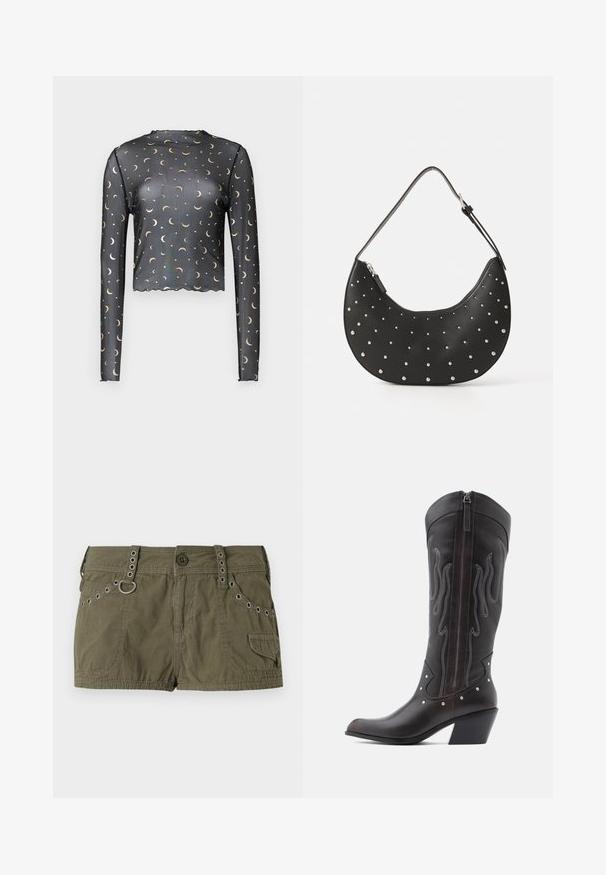 Langarm zwart mesh top met een patroon van gouden halve maan en ster, cropped lengte en gekartelde rand.; Olijfgroene shorts van een lichtgewicht stof, met een tailleband met metalen accenten en zijzakken. Gestructureerd oppervlak met stikseldetails.; Bruine leren cowboylaarzen met vlamstiksels, zijrits, zilveren studs, spits toelopende neus en gestapelde hak.; Zwarte leren handtas met een gebogen vorm, versierd met zilveren studs, voorzien van een ritssluiting en een enkele verstelbare schouderband.