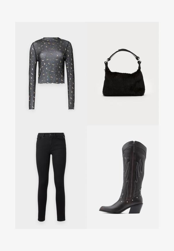 Langarm zwart mesh top met een patroon van gouden halve maan en ster, cropped lengte en gekartelde rand.; Zwarte skinny jeans gemaakt van rekbare denim. Het heeft een klassiek ontwerp met vijf zakken en een standaard metalen knoopsluiting aan de taille.; Bruine leren cowboylaarzen met vlamstiksels, zijrits, zilveren studs, spits toelopende neus en gestapelde hak.; Zwarte neplederen handtas met een zachte textuur, ronde vorm en een stevige zwartleren schouderband. Zilveren hardwareaccenten zichtbaar.