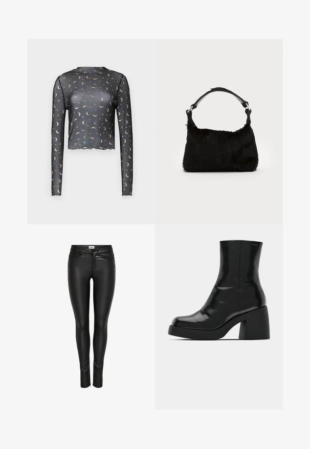 Langarm zwart mesh top met een patroon van gouden halve maan en ster, cropped lengte en gekartelde rand.; Zwarte slim-fit faux leren broek met voorste knoop, ritsluiting en riemlussen, weergegeven op een witte achtergrond.; Zwarte enkellaarzen met een glanzende afwerking, vierkante neus en een dikke blokhak. Het ontwerp heeft een naadloze silhouet en minimale branding.; Zwarte neplederen handtas met een zachte textuur, ronde vorm en een stevige zwartleren schouderband. Zilveren hardwareaccenten zichtbaar.