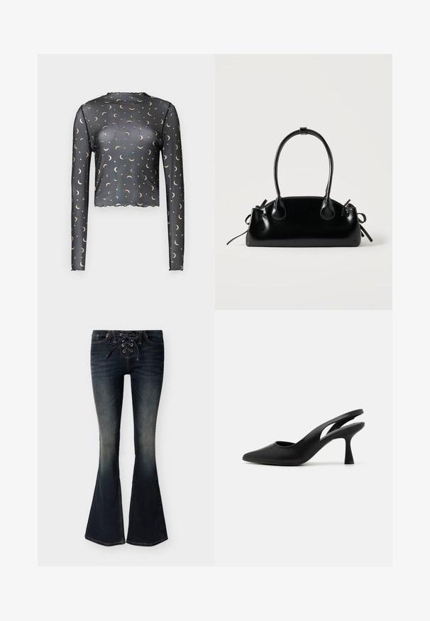Schwarzes Langarm-Top aus Netzstoff mit goldenen Muster von Mondsichel und Sternen, cropped Länge und welliger Saumdetail.; Dunkelblau gefärbte Denim-Flared-Jeans mit vorderer Schnürung und dezenten Verblassungen an Oberschenkeln und Knien.; Schwarze Slingback-Absätze mit spitzer Zehenpartie, aus glattem Leder gefertigt. Verfügt über ein Ausschnitt-Design und einen stabilen, konisch zulaufenden Absatz.; Kleine schwarze glänzende Handtasche mit zwei langen Griffen und seitlichen Kordelzug-Details vor einfachem hellem Hintergrund.